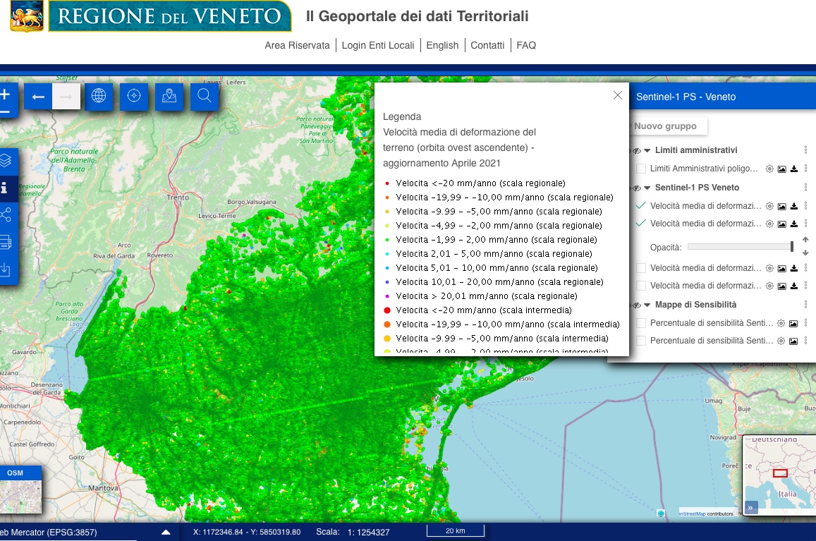 Il Geoportale del Veneto aggiornato con il monitoraggio radar satellitare delle deformazioni del terreno