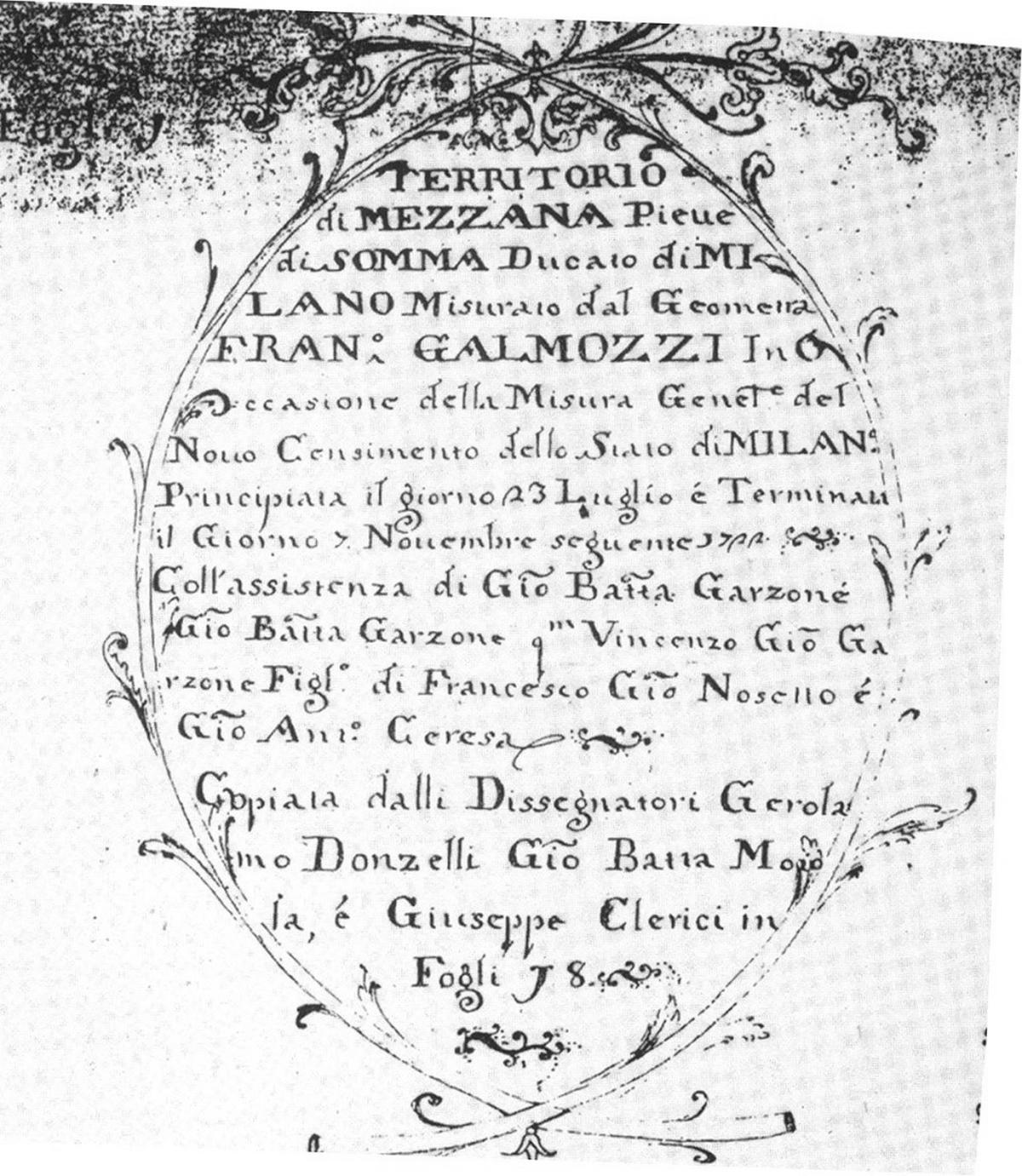 Frontespizio della mappa rilevata dal Geometra Francesco Galmozzi