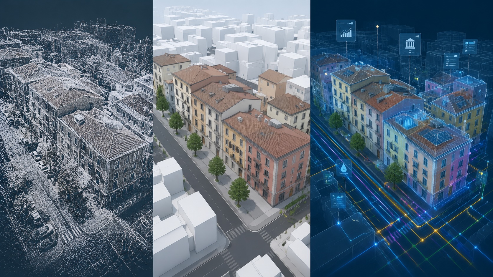 Evoluzione di un isolato urbano italiano dal Reality Capture al modello semantico CityGML e al Digital Twin con dati geospaziali integrati.
