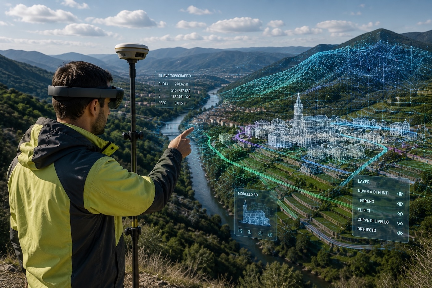 Operatore geomatico con ricevitore GNSS e visore di realtà aumentata durante il rilievo tridimensionale di un territorio montano.