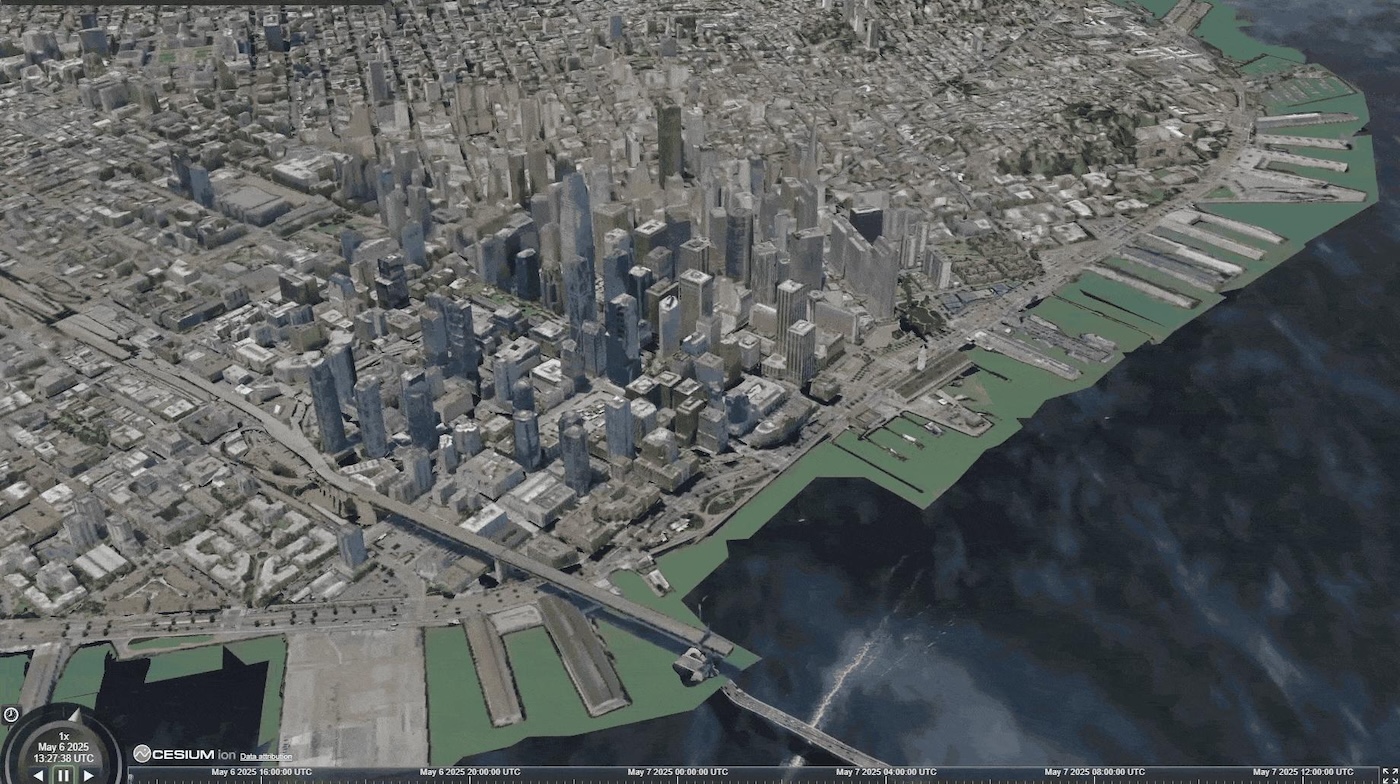 Modello urbano tridimensionale distribuito tramite 3D Tiles per lo streaming di grandi dati geospaziali.