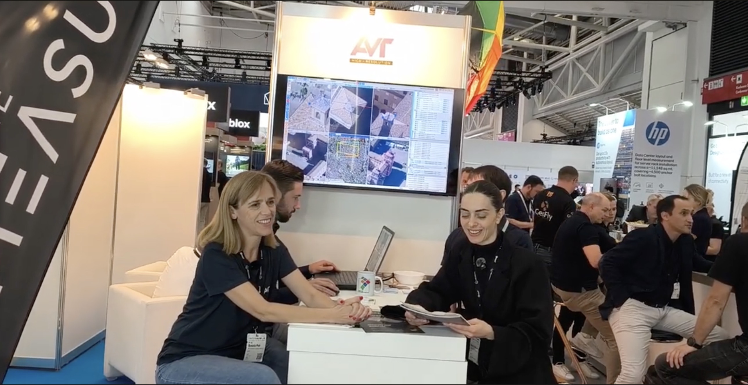 Maria Chiara Spiezia of GEOmedia interviews Daniela Poli of AVT Airborne Sensing Italia at INTERGEO 2026 in Munich