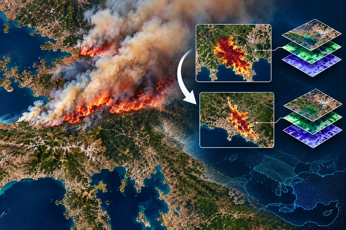 Illustrazione satellitare di un incendio boschivo con livelli di dati geospaziali e rappresentazione del trasferimento di modelli GeoAI tra territori differenti.