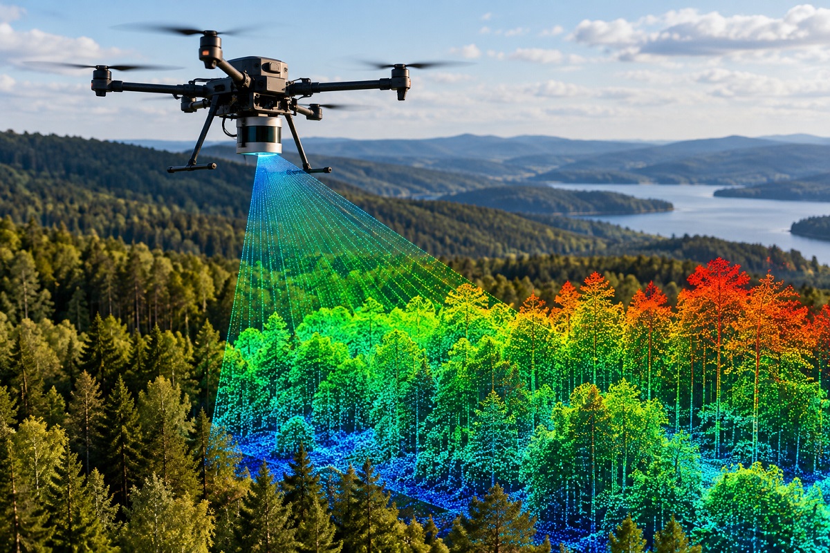 Drone equipaggiato con sensore LiDAR durante un rilievo forestale, con visualizzazione della nuvola di punti tridimensionale della vegetazione.
