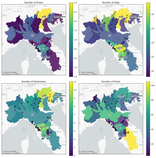 Quattro mappe dei bacini idrografici italiani che mostrano la distribuzione dei dati ITASED sul trasporto dei sedimenti, dei fiumi analizzati, dei parametri monitorati e dei punti di misura.